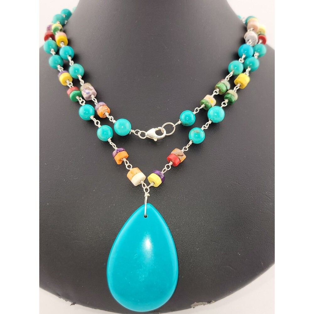 Turquoise Pendant Colorful Agate Bead Sterling Silver 925 Chain 34" Necklace